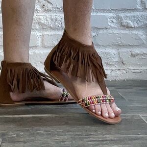 Fringe Brown Sandals with Beaded Strap